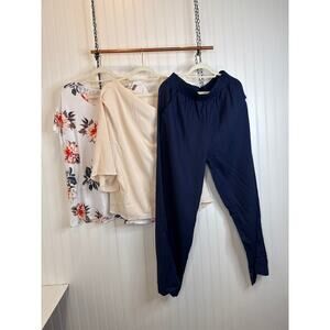 NEW Amazon Brand Blouse T-Shirt Navy Blue Wide Leg Linen Blend Pants Bundle 2XL